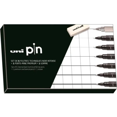 Afbeelding van Uni ball Pin Fineliner Startersset Set 6 stuks met Vulpotlood en Gum