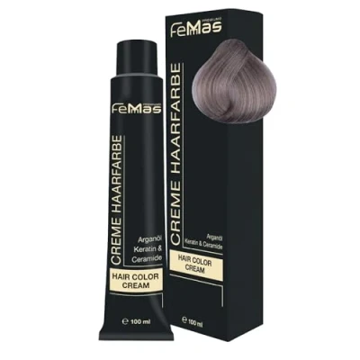 Image de FemMas Teinture pour cheveux, 100 ml, crème professionnelle, enrichie à l’huile d&#039;argan nourrissante, de kératine et céramides, comme coloration permanente ou teinte, blond clair cendré intense 10.11