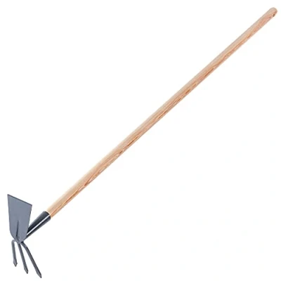Afbeelding van KADAX Metalen schoffel met lange houten steel, dubbele voor de tuin, het losmaken, luchten en wieden van grond, karcler (lang, rechthoekig 3 tanden, handvat)