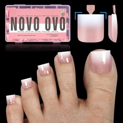 Afbeelding van NOVO OVO 240 stuks kunstteennagels met Franse punt, vierkant, puntig, zachte gel, babyroze, primer en basislaag, volledige afdekking, acryl, 15 maten