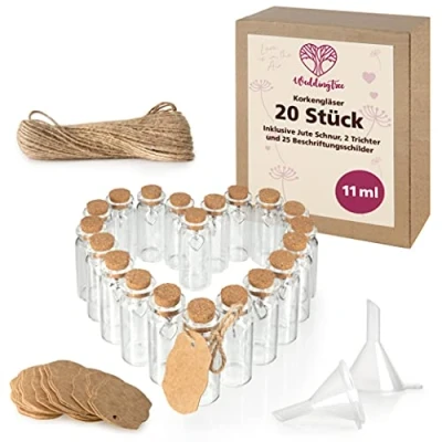 Afbeelding van WeddingTree 20 kleine glazen flessen 11 ml testbuis voor bruiloften fles set met kurk en hartvormige hanger als cariagecadeau, kruidenpot
