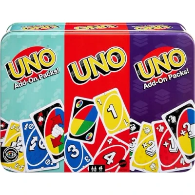 Afbeelding van Mattel Games UNO Kaartspel met 2 uitbreidingspakketten en een metalen doos om te verzamelen voor kinderen, volwassenen familiespelfeesten, tot 10 spelers, JCV60