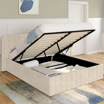 Image de lit coffre double avec tête de en velours beige 160x200 cm IDMarket