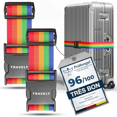 Afbeelding van Travely® Hoogwaardige kofferriem bijzonder zichtbaar en veilig met 2 naamlabels perfecte voor kruisconfiguratie [2 stuks] meerkleurig