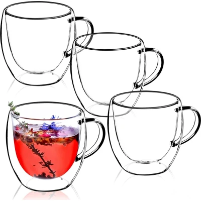 Afbeelding van Dubbelwandige glazen beker, 250 ml, glas met brede handgreep, drinkglas voor sap, thee, koffie, cappuccino, water, ijsthee, ijs, universeel glas, theeglas, vacuüm (4)