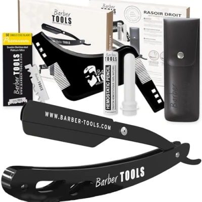 Afbeelding van Scheerset voor heren baardscheerapparaat / baardsnijder met 50 eenvoudige mesjes + doek aluinstick opbergtas scheerkam zwart barber tools