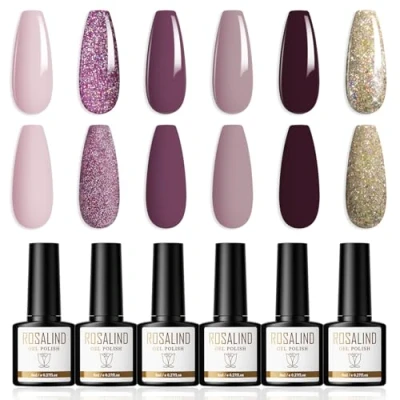 Afbeelding van ROSALIND semi permanente nagellak, 6 kleuren, uv gel, permanent, donkerpaars, paars, goud, soak off, UV/LED, nail art, herfst/winter, 8 ml