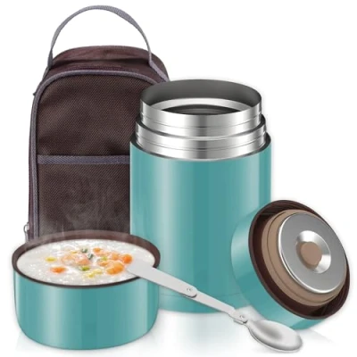 Afbeelding van 800 ml thermocontainer voor warme gerechten, thermoskan levensmiddelen van roestvrij staal met isolatiezak en opvouwbare lepel, thermische lunchhouder, buiten, watergroen