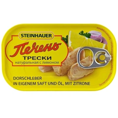 Afbeelding van Steinhauer Kabeljauwlever in eigen sap en olie met citroen, 12 stuks (12 x 120 g)