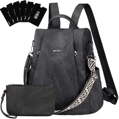 Afbeelding van Eshow Kleine damesrugzak, anti diefstal, elegant, veganistisch leer, waterdicht, met tas, modern, voor onderweg, school, werk, reizen, donkerzwart.