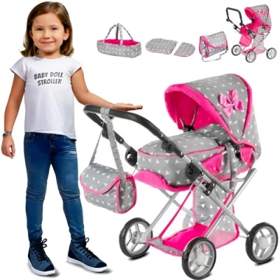 Afbeelding van Kinderplay Poppenwagen, kinderwagen voor pop en poppenmand, met handgreep verstelbaar tussen 33 63 cm, 2 in 1, KP0200S