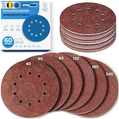 Afbeelding van EFFEKTWERK Schuurpapier 225 mm klittenband 60 stuks professionele schuurschijven voor droogbouwschuurmachines, schuurgiraf met lange hals 10 gaten rond korrel 10x P40, P60, P80, P120, P180, P240