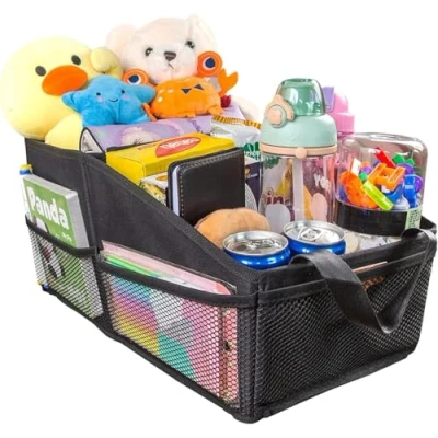 Afbeelding van Autostoel organizer voor of achterbank, rijstvelaccessoires kinderen, met dienblad speelgoed, snacks, kopjes, boeken, tissue, netjes en schoon