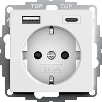 Afbeelding van GIRA Wandcontactdoos kinderveilig met USB A en C aansluiting Zuiver wit (hagelwit) MAT 245927