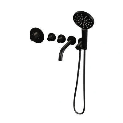 Afbeelding van Brauer Black Edition Badkraan Inbouw douchegarnituur 20cm uitloop inbouwdeel 3 gladde knoppen handdouche rond standen mat zwart