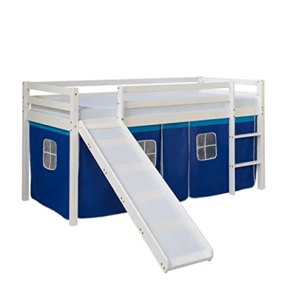 Afbeelding van Homestyle4u Eenpersoonsbed, wit, 90 x 200 cm, hoogte met ladder en blauw gordijn glijbaan
