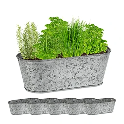 Afbeelding van Relaxdays plantenbak zink set van 6 binnen buiten zinken bloempot bloembak ovaal