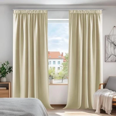 Afbeelding van Deconovo Set van 2 thermisch geïsoleerde gordijnen, anti koude gordijn, balkon, binnen, keuken, verduisteringsgordijn, plooiband, donkerbeige, 132 x 242 cm