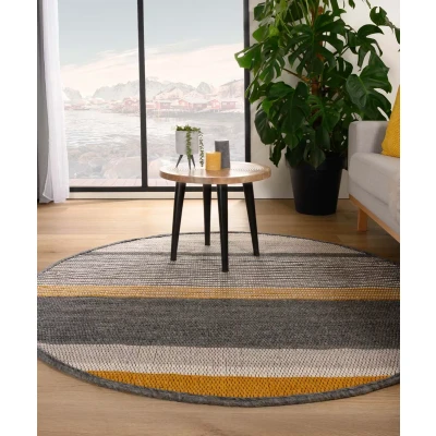 Afbeelding van Rond Wollen Vloerkleed Strepen Lett Okergeel/grijs 120 Cm