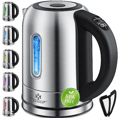 Afbeelding van KESSER® Waterkoker van roestvrij staal, 1,7 liter, 2200 W, met temperatuurkeuze, warmhoudfunctie, zilver