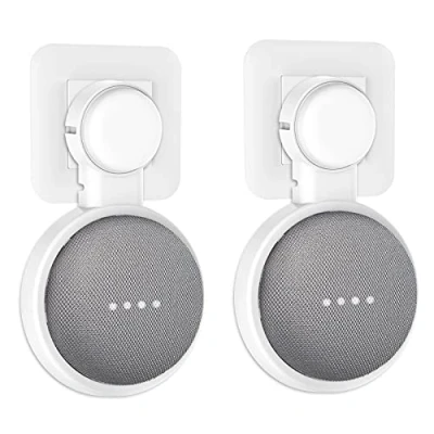 Afbeelding van PlusAcc Wandhouder voor Google Nest Mini of Home Mini, houder met geïntegreerd kabelbeheer, ideaal slaapkamer, badkamer en keuken, geen schroeven nodig (wit) 2