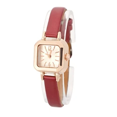 Afbeelding van FILFEEL Dameshorloge met PU armband, kwartshorloge, analoog, modieus, kleine vierkante wijzerplaat, Rood, riem