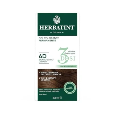 Afbeelding van Herbatint 3Dosi Permanente Kleurgel, 300 ml, 6D, donkerblond, goud, zonder ammoniak, voor de gevoelige huid, 100% dekking wit haar, met 8 natuurlijke biologische extracten