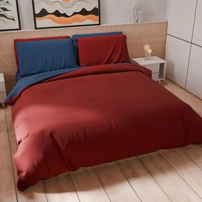 Afbeelding van PETTI Artigiani Italiani dekbedovertrek voor tweepersoonsbed, en kussenslopen, microvezel, tweekleurig, bordeaux/nachtblauw, 100% Made in Italy