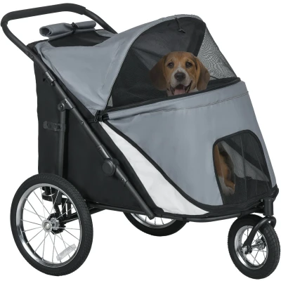 Afbeelding van PawHut Hundewagen Hundebuggy mit Netzfenstern, Klappbarer Katzenwagen Sicherheitsleine, Große Gummiräder für Mittelgroße, Hunde bis 30 kg, Oxford, Blau