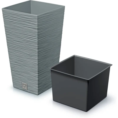 Afbeelding van Prosperplast Plantenpot/bloempot Furu Stripes voor buiten kunststof lichtgrijs vierkant D20 x H38 cm
