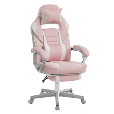 Afbeelding van SONGMICS OBG073P01 Bureaustoel, gamingstoel, verstelbaar, telescopische voetensteun, kantelmechanisme, hoofdsteun, lendensteun, belasting 150 kg, roze (snoeproze) en crèmewit
