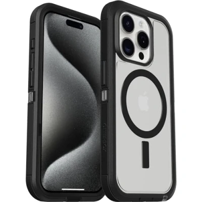 Image de OtterBox Defender Series XT coque de protection pour téléphone portable robuste compatibilité avec MagSafe en polycarbonate, caoutchouc synthétique côté obscur (clair / noir) Apple iPhone 15 Pro