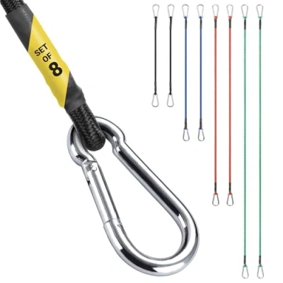Afbeelding van PRETEX 8 bungee koorden met haken van roestvrijstaal 4 verschillende lengtes en kleuren Sterk Bungie koord set riemen gecoat rubber