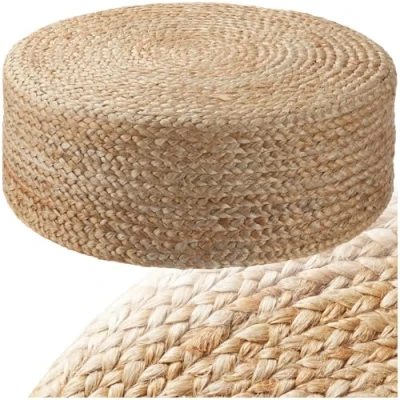 Afbeelding van tectake® Handgemaakte Poef Banno Elipse Ronde Jute Zithocker in Boho Stijl Comfortabele Voetenbank met Duurzame Vulling Ø 58 x 22 cm Max. 150 kg