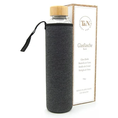 Afbeelding van T&amp;N glazen fles 750 ml drinkfles glas met neopreen hoes waterfles lekvrij van dik borosilicaatglas geschikt voor koolzuur slank ontwerp
