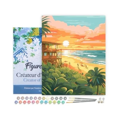 Afbeelding van Figured&#039;Art Schilderen op Nummer Volwassenen met lijst Strandclub bij zonsondergang Handwerk acrylverf Kit DIY Compleet 40x50cm Canvas al ingelijst