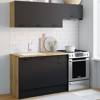 Afbeelding van Cuisine complète SUBTIL 180 cm avec plan de travail structure effet bois et façades noires 5 éléments
