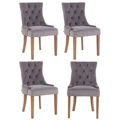 Afbeelding van CLP Aberdeen Set van 4 eetkamerstoelen Zonder armleuning Hout Fluweel grijs antiek licht