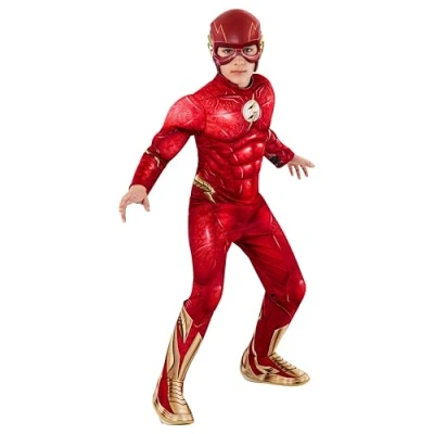 Afbeelding van Rubies The Flash Deluxe kostuum voor kinderen, jumpsuit met gespierde borst, laarzenovertrek en masker, officieel DC Comics, carnaval, Halloween, feestjes verjaardag, M