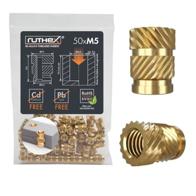 Afbeelding van Ruthex Schroefdraadinzet M5 50 stuks RX M5.9,5 schroefdraadhulzen van messing stabiele inworpmoer voor kunststof onderdelen warmte of ultrasoon gebruik in 3D printdelen
