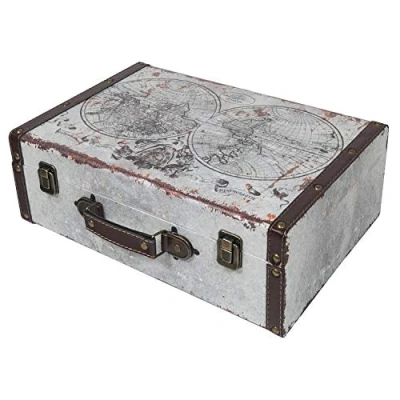 Afbeelding van HMF VKO104 Vintage houten koffer, 38 x 26 13 cm, groot, wereldkaart in kleur als decoratie