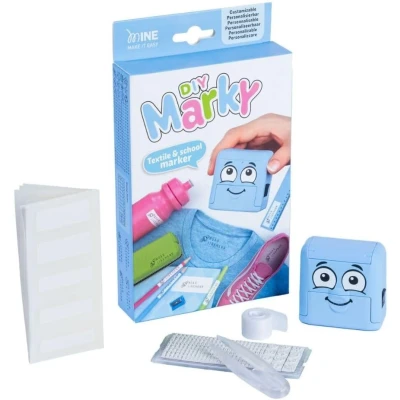 Afbeelding van DIY MARKY Personaliseerbare stempel voor kinderen kleding en kinderartikelen Inclusief inkt maximaal 1000 afdrukken Compleet pakket met etiketten hittebestendige tape (Blauw)
