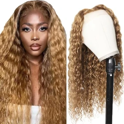 Afbeelding van Tuheerst Blonde Menselijk Haar Pruik Diepe Golf voor Dames Echt 4X4#27 van Zwitserse Kant 100% Onbewerkt Braziliaans Remy Geen Smell Vrouwen 50 cm
