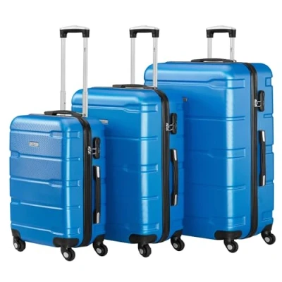 Afbeelding van Zelsius Bagageset van 4 stuks, harde schaal, ABS, met cijferslot, wielen en binnenwand, handbagagekoffers, trolley, grote koffers, bagageset, Blauw, 3 delig