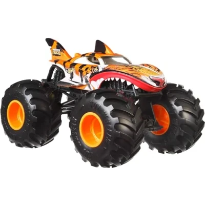 Afbeelding van Hot Wheels Monster Trucks JDR02 Oversized Tiger Shark voertuig op schaal 1:24 met reuzenwielen en leuke decoraties