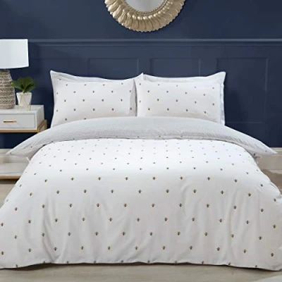 Afbeelding van Sleepdown Bumble Bee Wit Omkeerbaar Grijs Zeshoek Honingraat Zacht Dekbedovertrek Beddengoed Set met Kussenslopen Super King (220 cm x 260 cm)