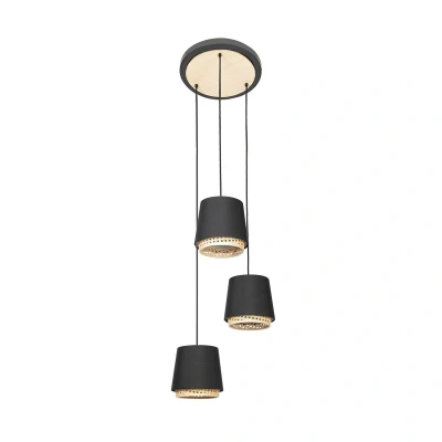 Afbeelding van Lindby hanglamp 3lichts metaal, rotan E27 zwart, licht hout