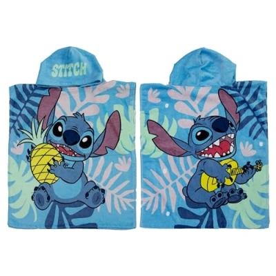 Afbeelding van Officiële Disney Lilo &amp; Stitch poncho handdoek met capuchon Superzacht gevoel, grappig paradijspatroon Perfecte luierbadjas voor thuis, badkamer en strand, meerkleurig, 115 x 50 cm
