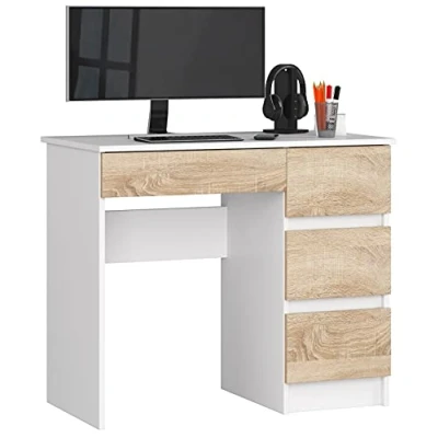 Afbeelding van AKORD Computerbureau met 4 laden, comfort, hoogwaardig, robuust, voor thuis en op kantoor, ergonomisch, het werk, 90 x 77 50 cm (b h d), wit eiken voorkant