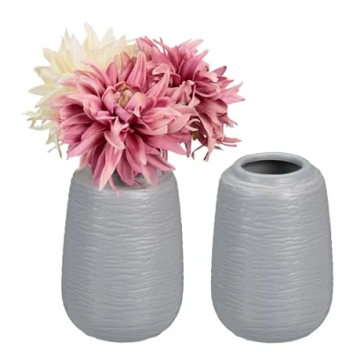 Afbeelding van Relaxdays keramische vaas set van 2 15 x 10 cm ronde bloemenvaas grijs